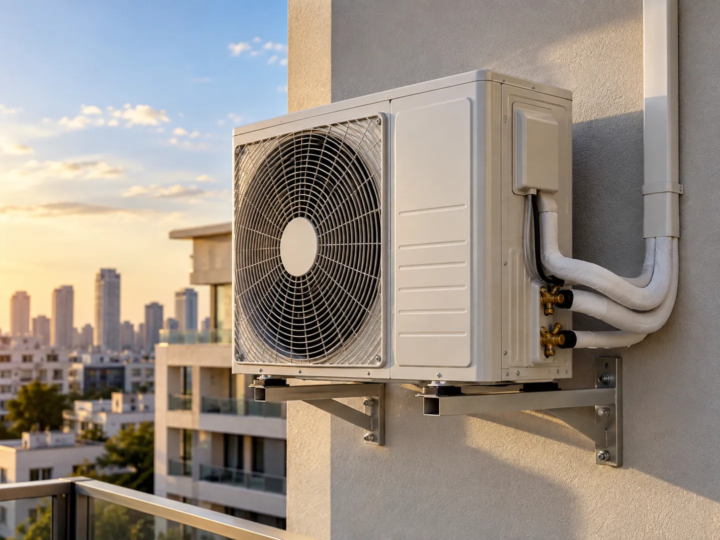 Condensadora de ar-condicionado instalada em suporte metálico na parede externa de um prédio, com a cidade ao fundo