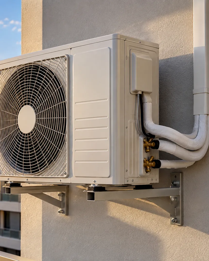 Condensadora instalada com a tubulação isolada, conexões aparentes e suporte fixado na parede