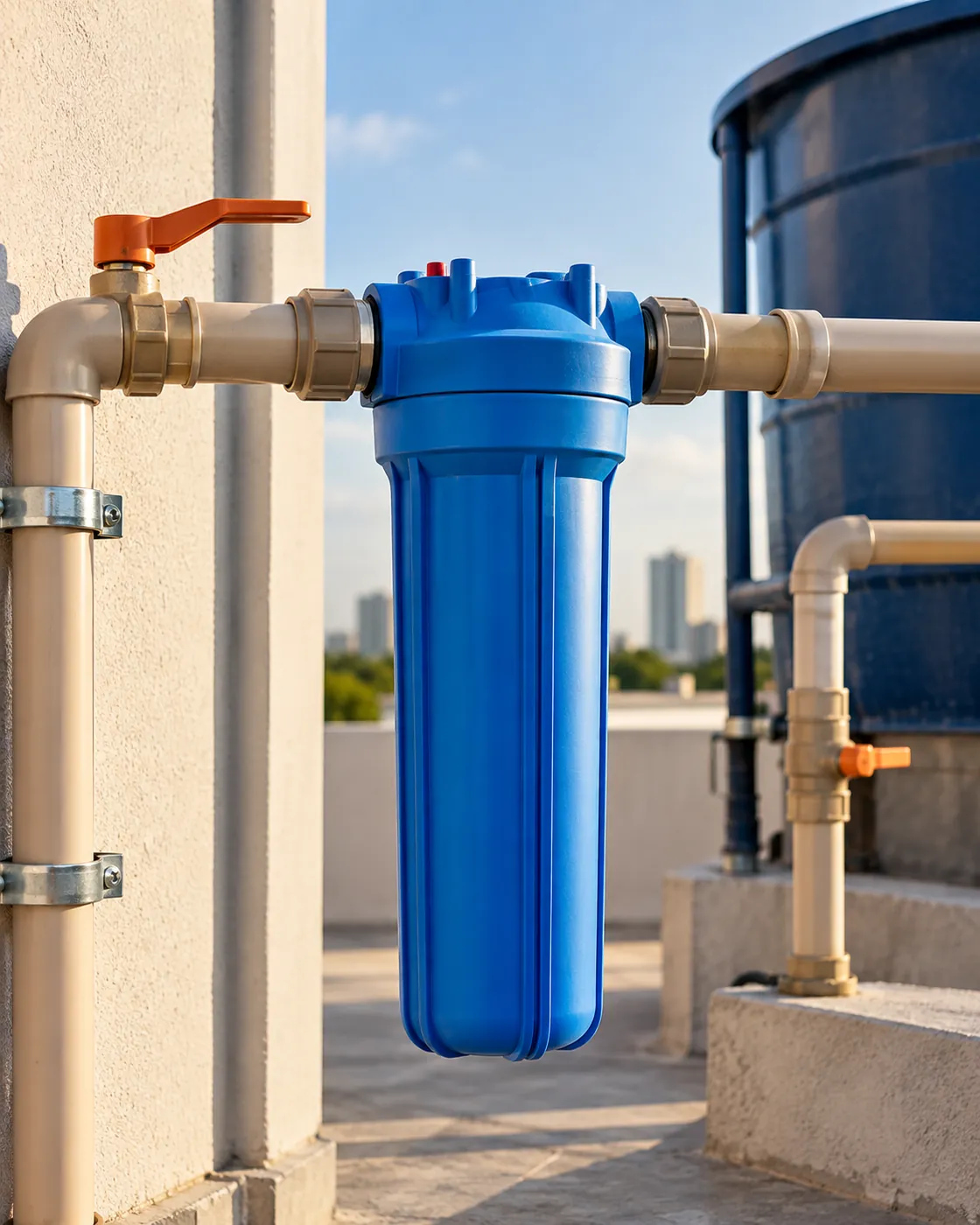 Filtro azul instalado na tubulação da caixa d’água, no terraço de um prédio