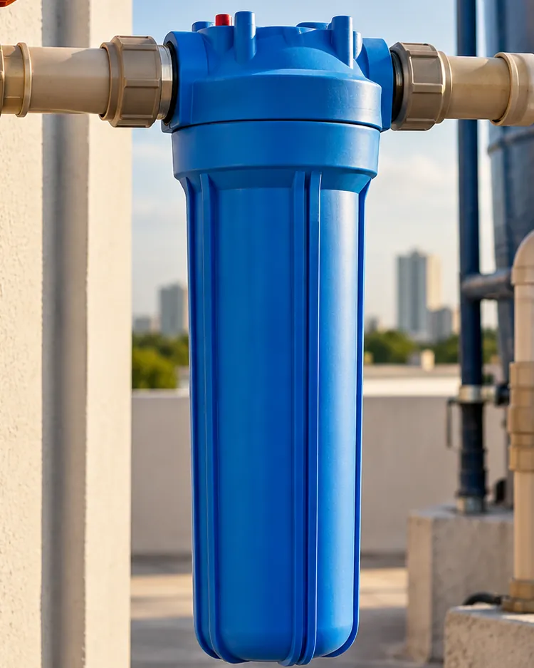 Filtro azul instalado na tubulação de entrada de uma caixa d’água
