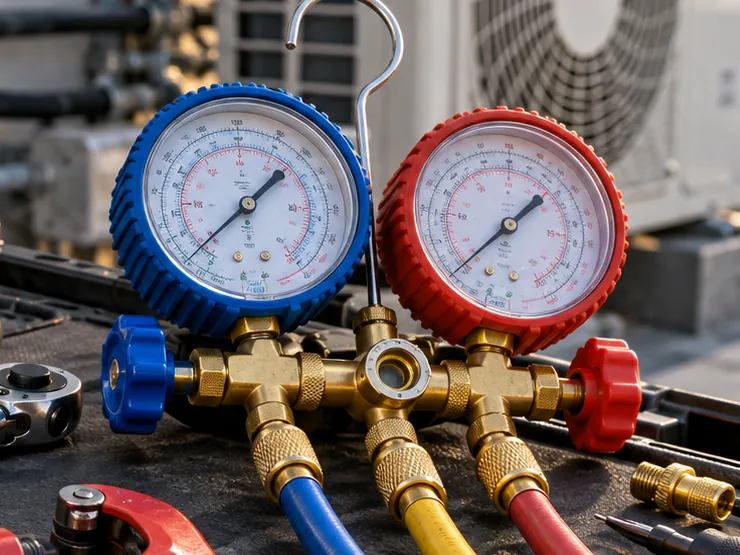 Manifold com manômetros azul e vermelho usado para medir a pressão do sistema de refrigeração