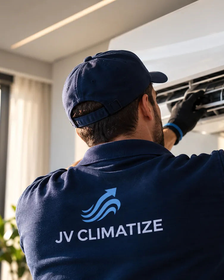 Técnico de costas com o logo da JV Climatize no uniforme, trabalhando em um ar-condicionado